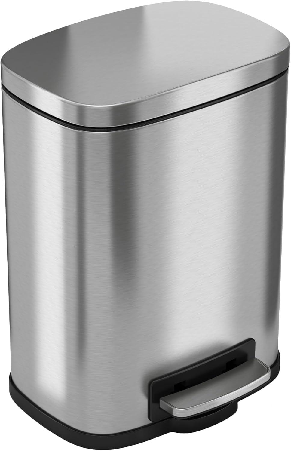 iTouchless SoftStep Step Pedal Bathroom Trash Can with Removable Inner Bucket 1.32 Gallon Silver Stainless Steel