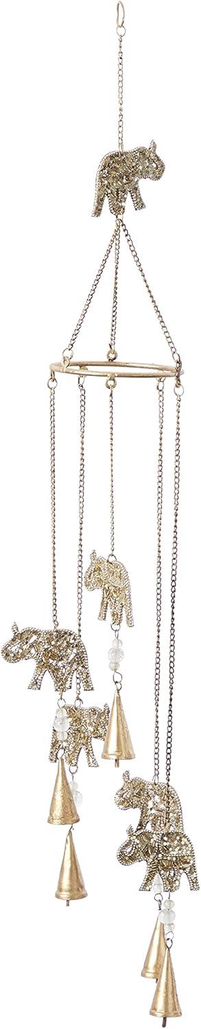 DecMode 39" Gold Metal Embellished Elephant Windchime with Glass Beads and Cone Bells