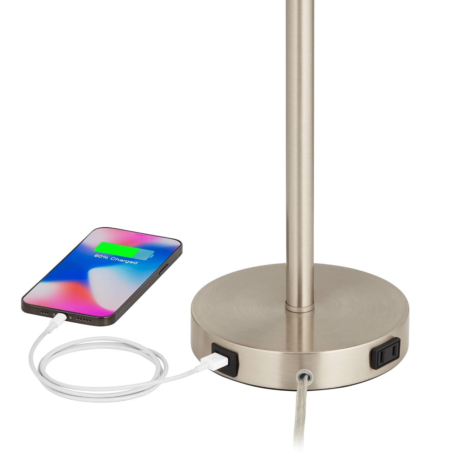 Brushed Nickel Table Lamp with USB and White Shade