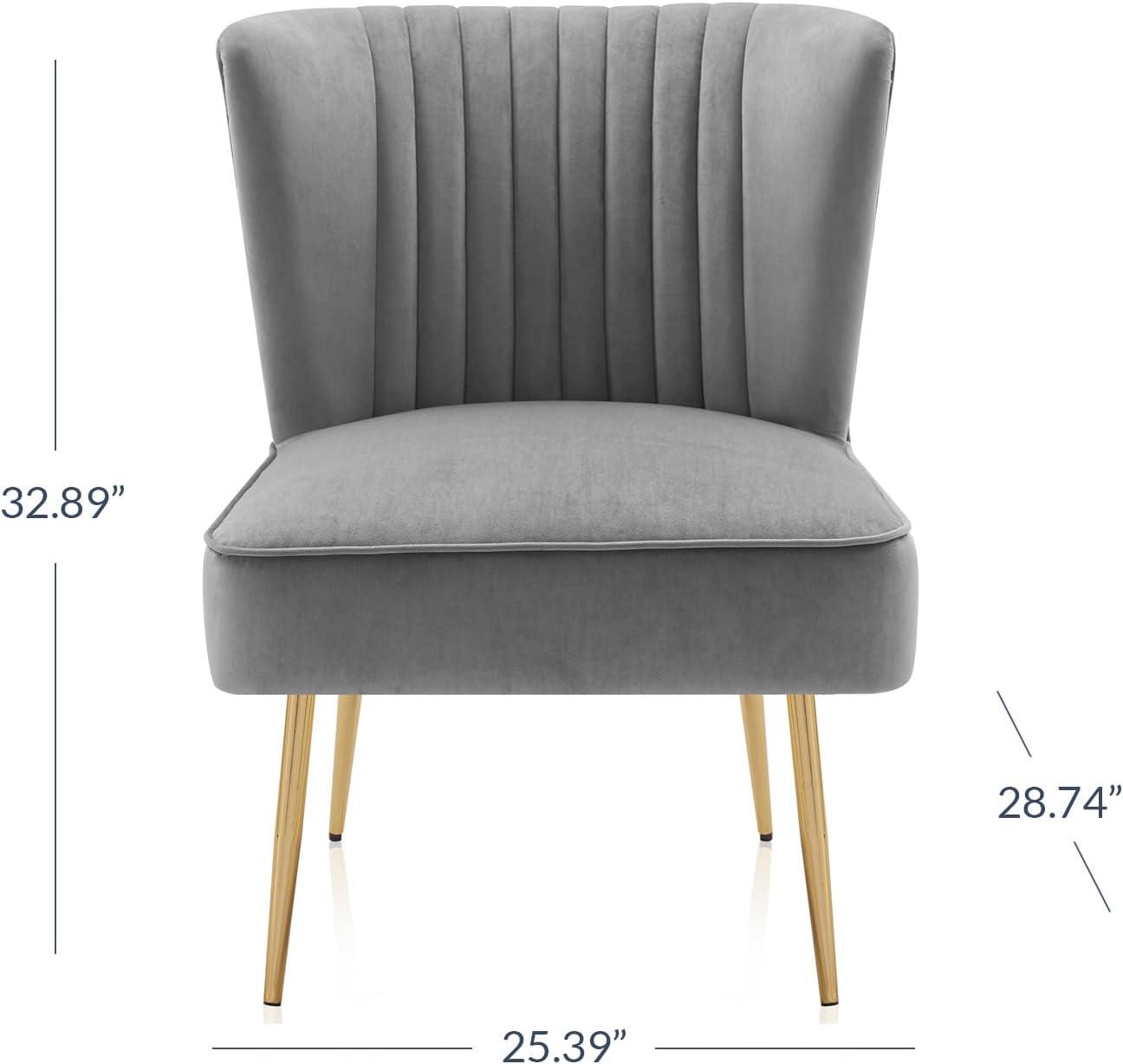 BELLEZE Modern Velvet Accent Chair With Metallic Legs And Channel Tufting, Elegant Vintage Style Armless Seating For Living Room, Bedroom, Office - Ethia (Gray)
