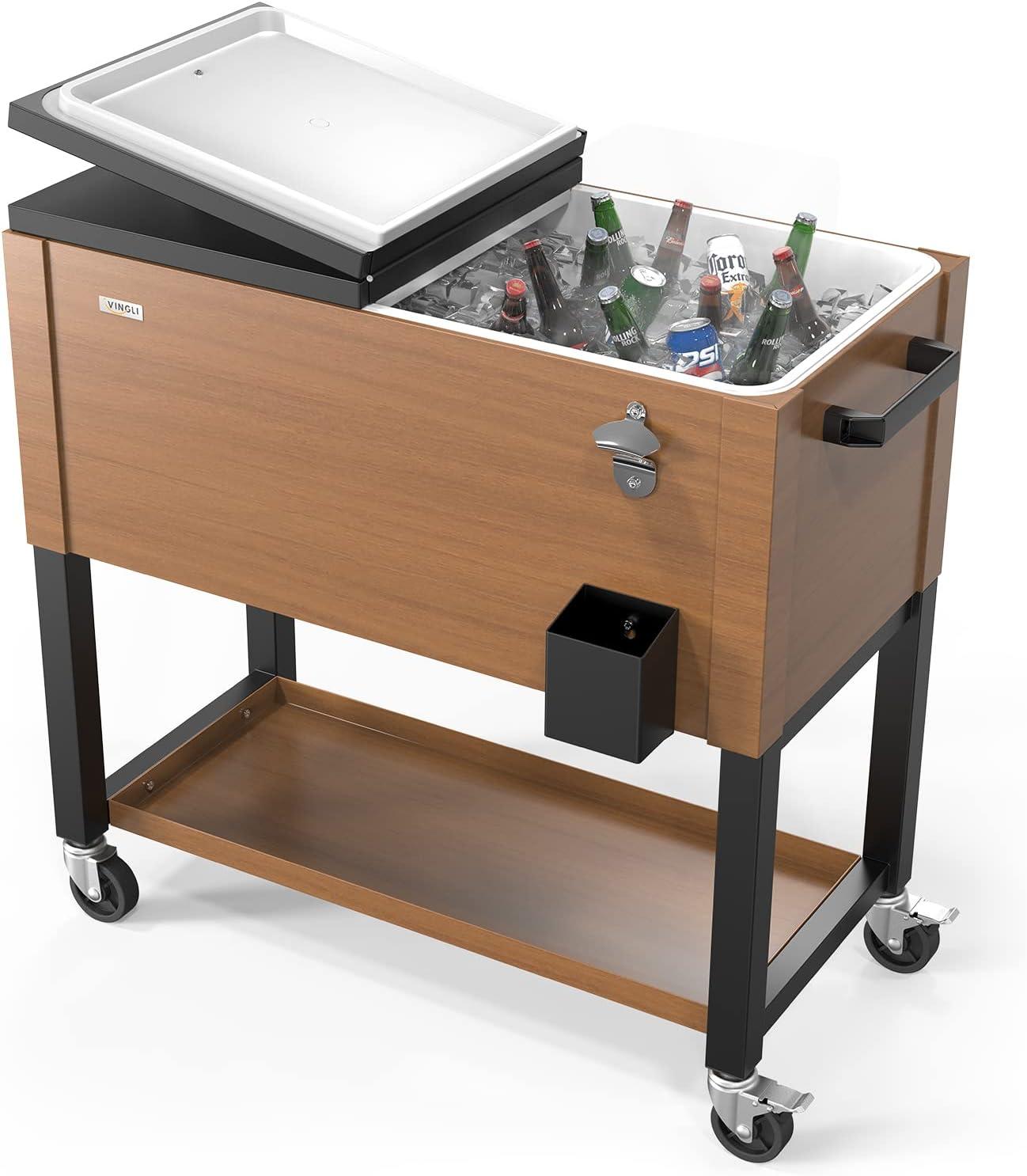 VINGLI 80 Quart Rolling Ice Chest on Wheels, Patio Cooler Cart with Waterproof Cooler Cart Cover, Beverage Rolling Cooler for Outdoor Patio Deck Party
