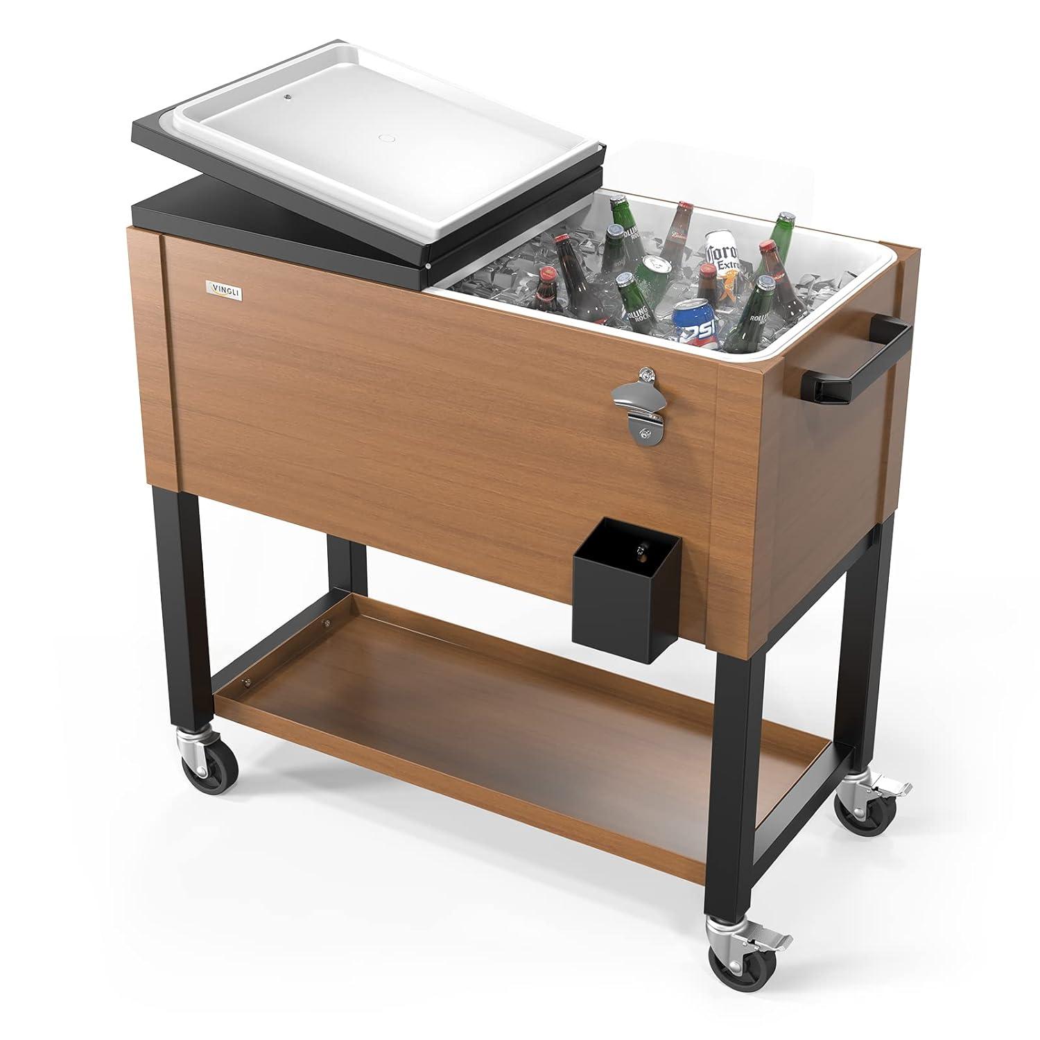 VINGLI 80 Quart Rolling Ice Chest on Wheels, Patio Cooler Cart with Waterproof Cooler Cart Cover, Beverage Rolling Cooler for Outdoor Patio Deck Party