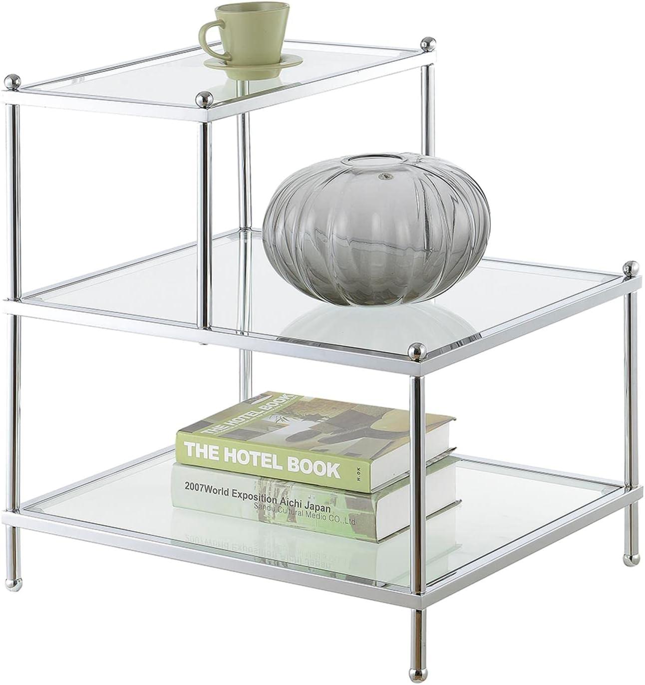 Elegant Chrome & Glass 3-Tier L-Shaped End Table