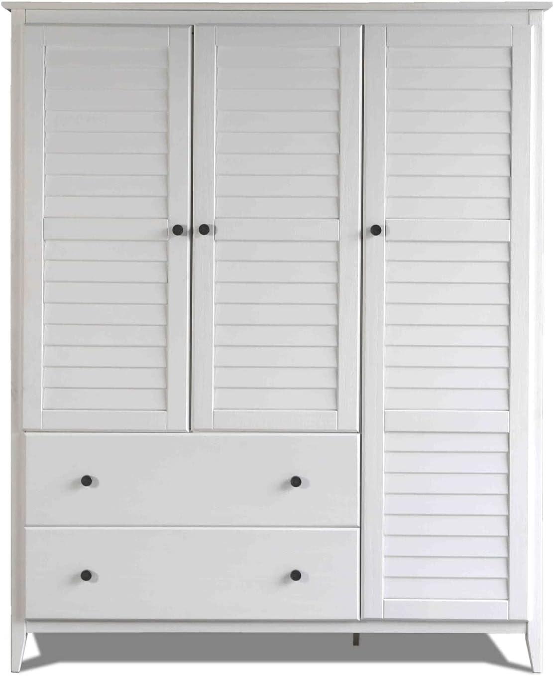 Brushed White Solid Pine Coastal 3-Door Armoire