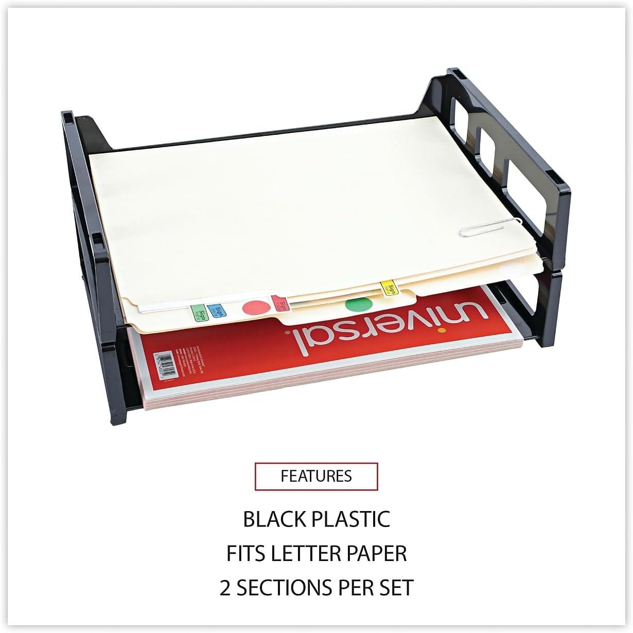 2 PK,Universal Recycled Plastic Side Load Desk Trays, 2 Sections, Letter Size Files, 13" x 9" x 2.75", Black (08100)