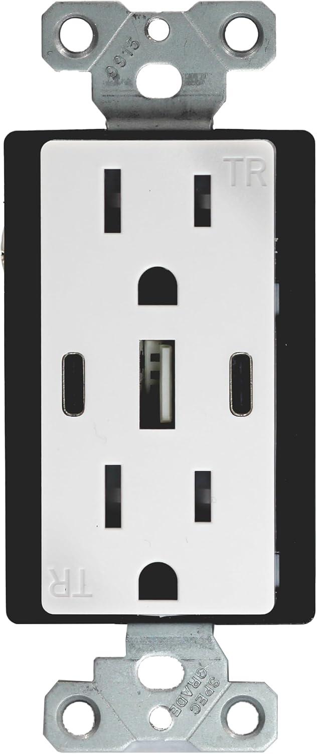 6.0A USB Outlet, 3-Port 30W Wall Outlets with 2 Type C & 1 Type A, 15 Amp Receptacle Plug, Tamper Resistant Receptacle, ETL Listed, White, 1 Pack