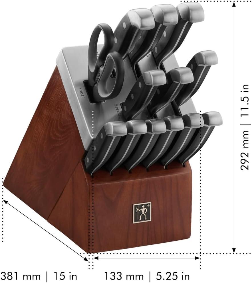 Henckels Statement Self-Sharpening Knife Set with Block, Chef Knife, Paring Knife, Bread Knife, Steak Knife, 14-piece, Dark Brown, Stainless Steel