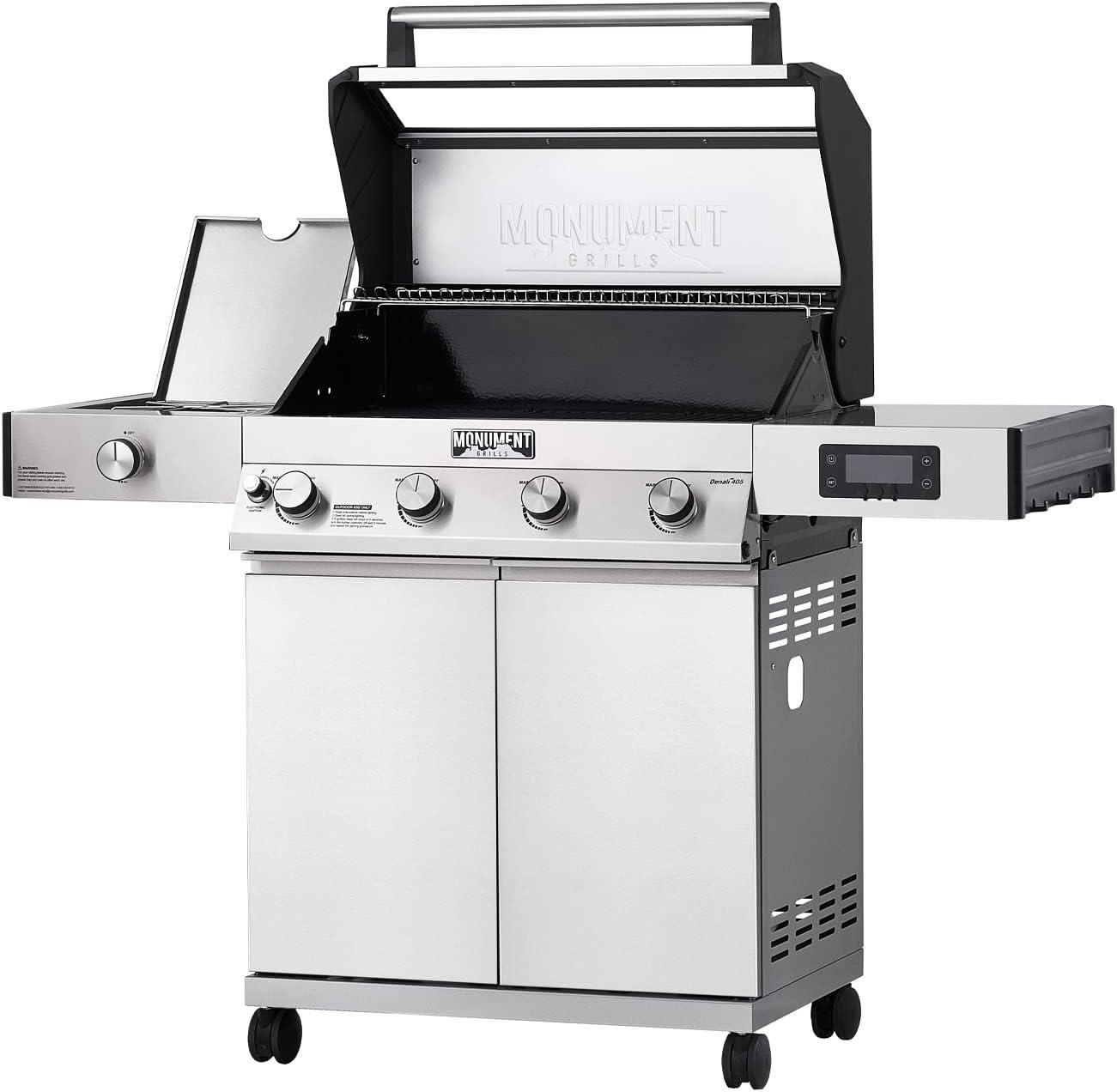 Denali 4-Burner Propane Gas Grill in Stainless with Clearview Lid, 3-Phase LED Controls and Side Burner