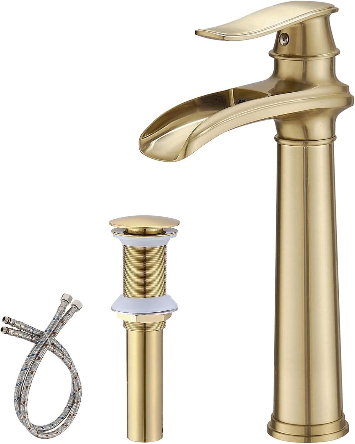 Brushed Gold Single Handle High Arc Vessel Sink Faucet