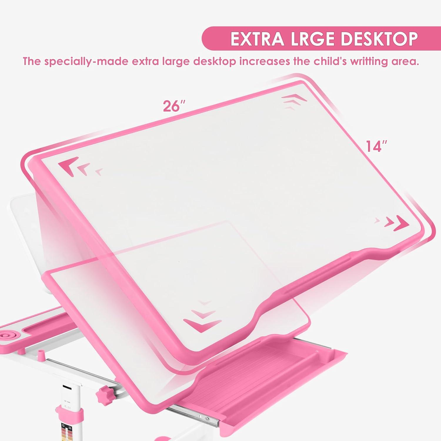 Artist hand Kids Study Table and Chair Set,Adjustable Girls School Writing Study Table,with Large Writing Board LED Pull Out Drawer Pencil Case Bookstand