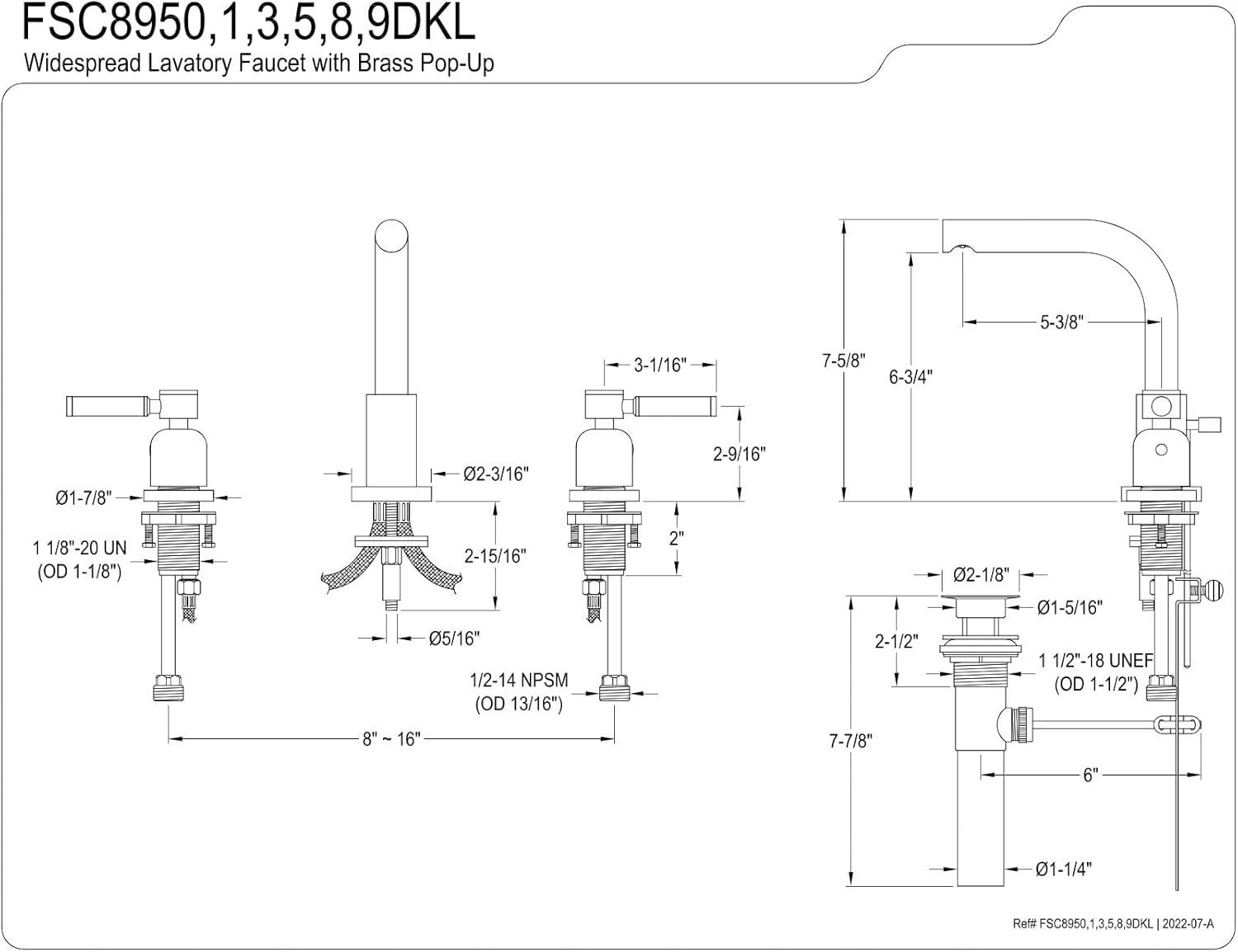 Kingston Brass Kingston Brass Kaiser Two-Handle 3-Hole Deck Mount Widespread Bathroom Faucet with Brass Pop-Up Drain FSC8955DL