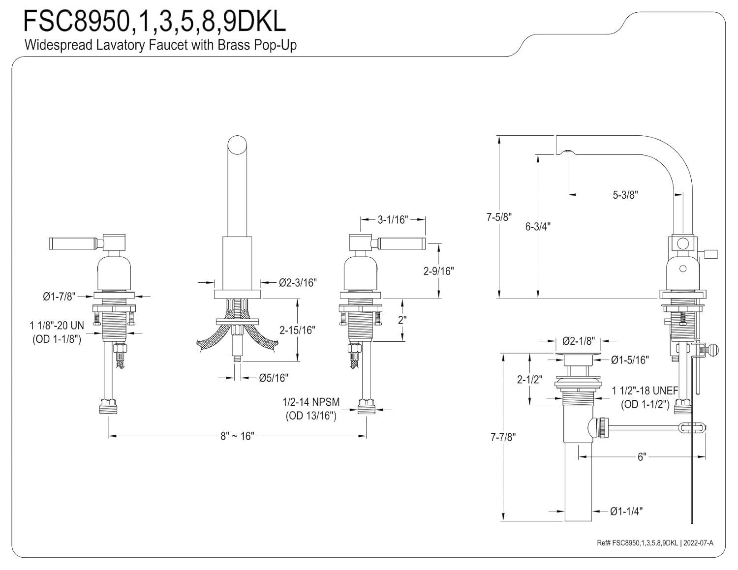 Kingston Brass Kingston Brass Kaiser Two-Handle 3-Hole Deck Mount Widespread Bathroom Faucet with Brass Pop-Up Drain FSC8955DL