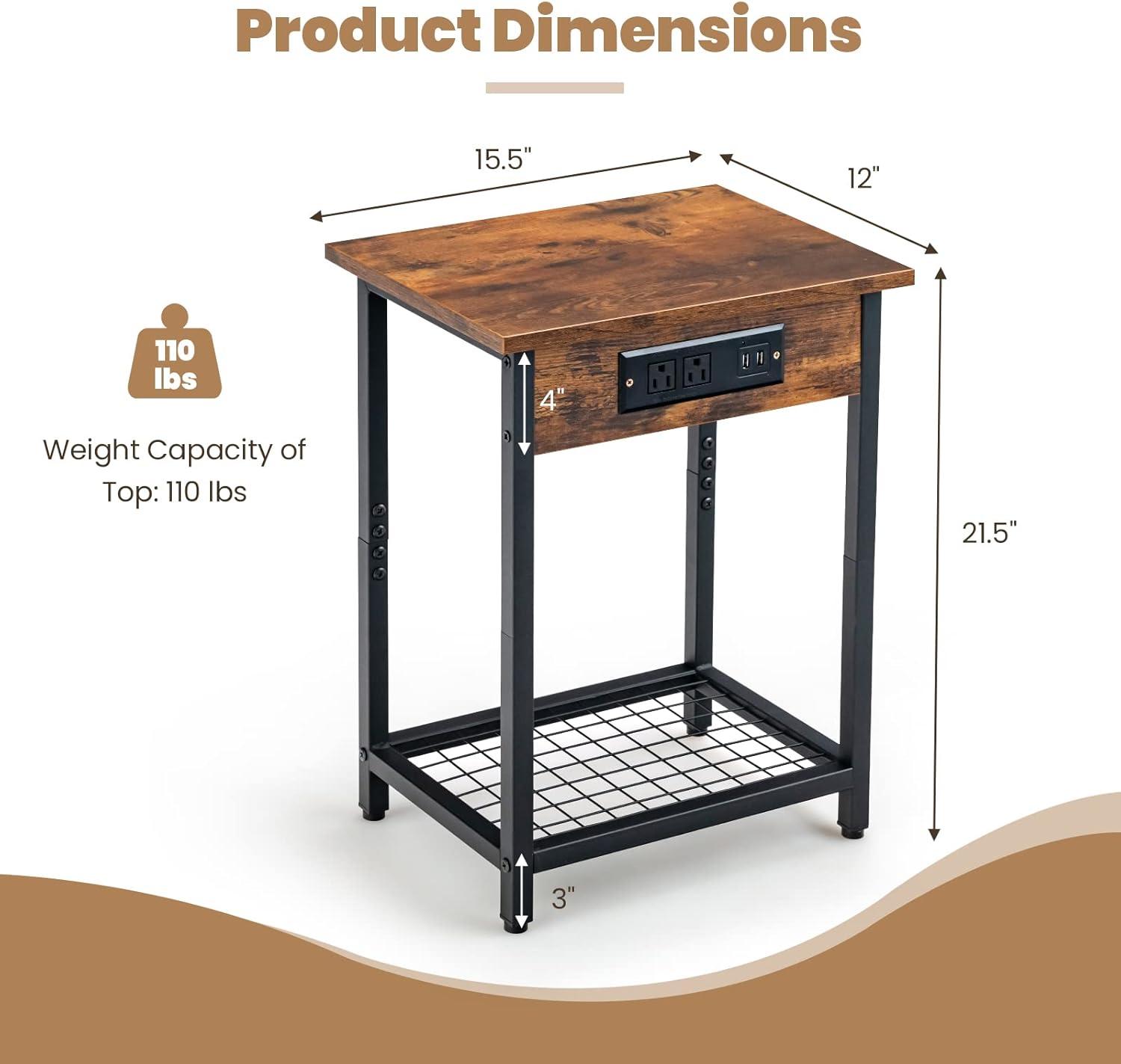 Costway Set of 2 End Tables with Charging Station Industrial Bed Side Table with AC Outlets & USB Port Rustic Brown