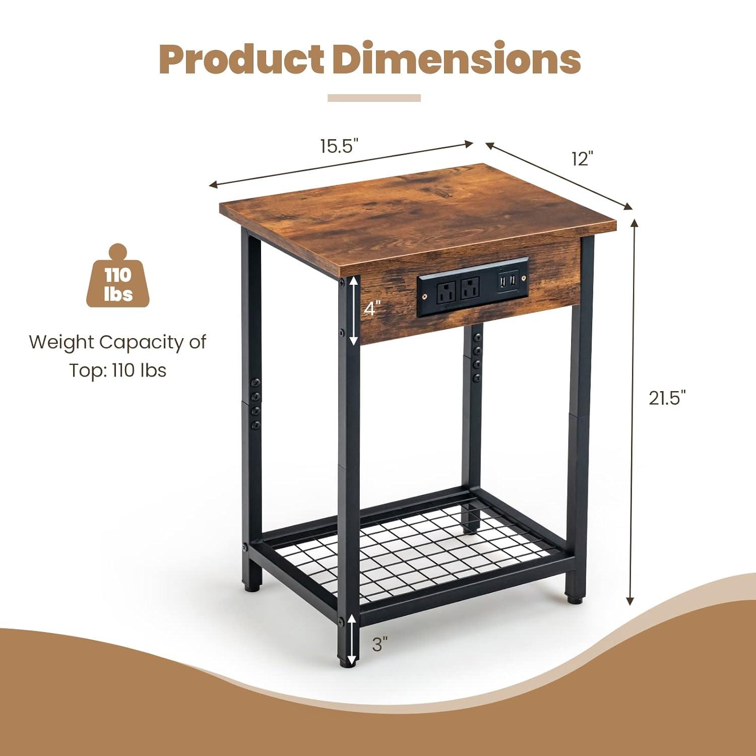 Costway Set of 2 End Tables with Charging Station Industrial Bed Side Table with AC Outlets & USB Port Rustic Brown