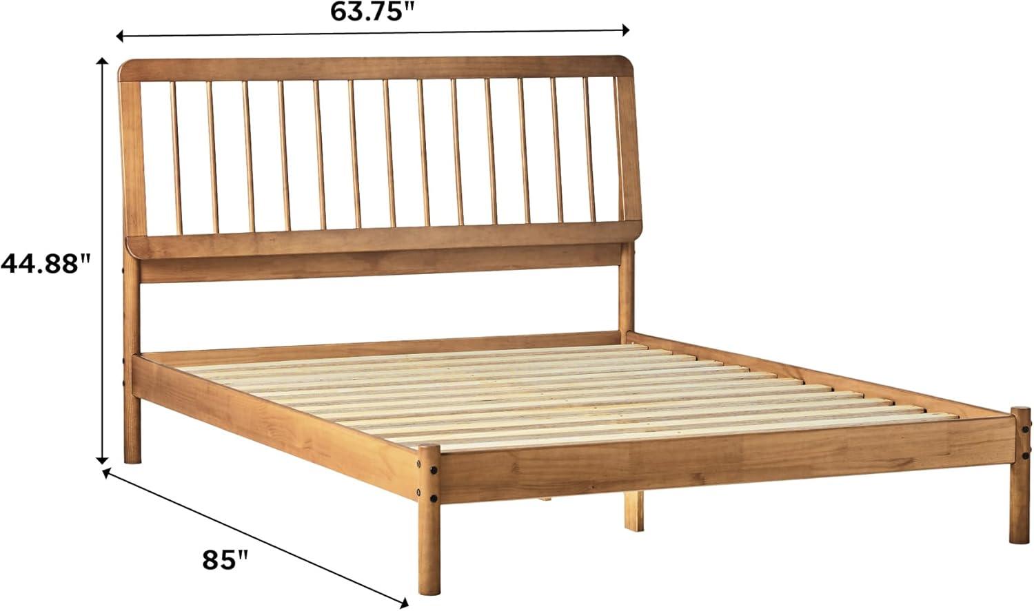 Walker Edison Mid-Century Modern Slatted Solid Wood Queen Bedframe, Natural Pine