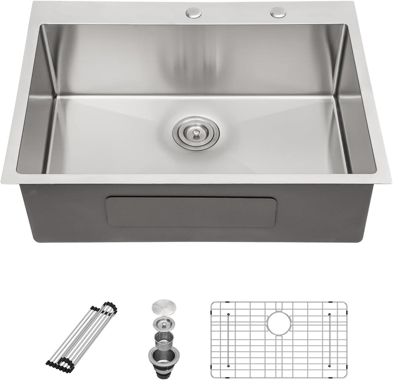 28" L x 22" W Drop-in Kitchen Sink 16 Gauge Stainless Steel Kitchen Sink Topmount Single Bowl Sink