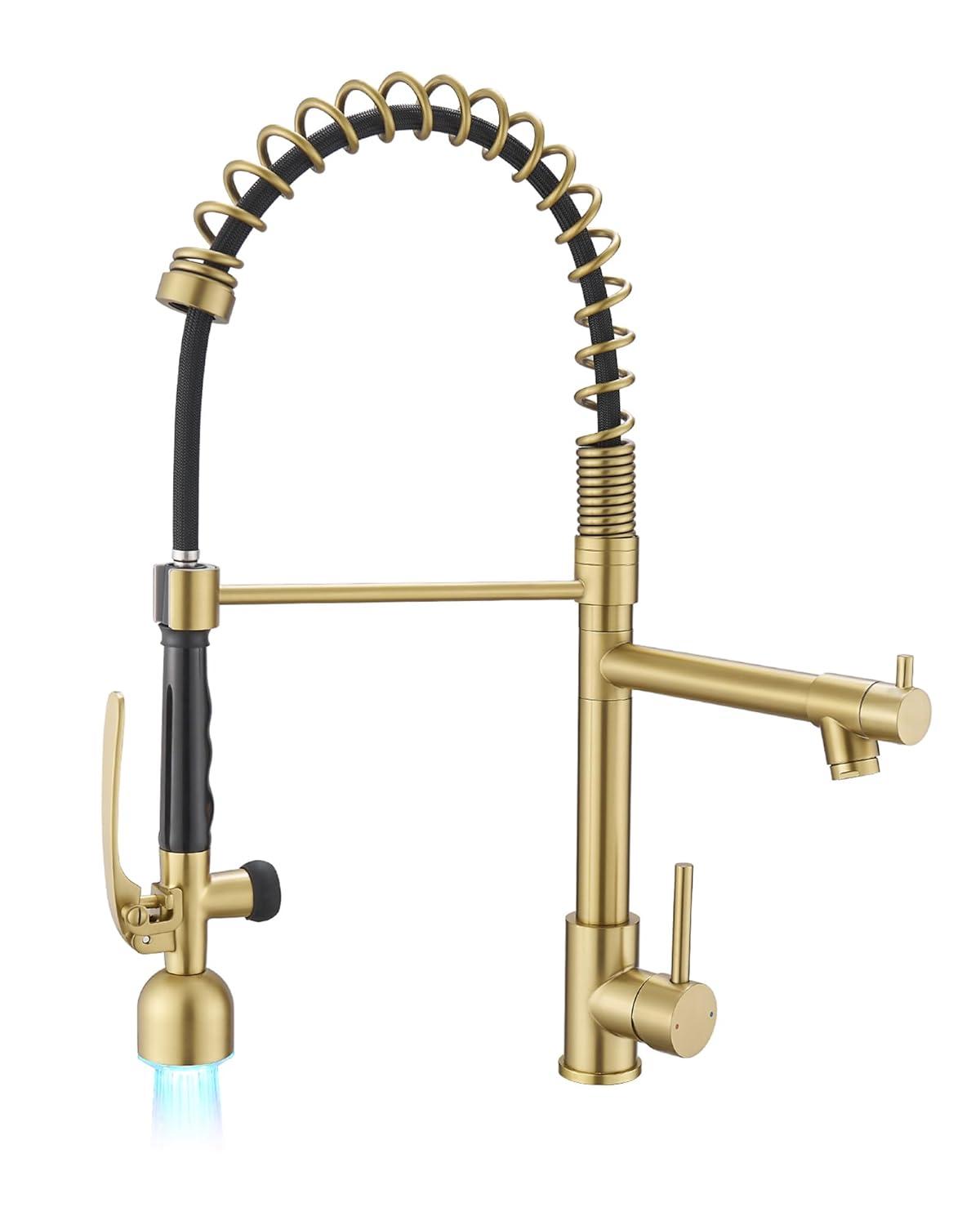 Fapully Single Handle High Arc Brushed Gold Pull Down Kitchen Faucet LED,Single Level Kitchen Sink Faucets with Pull Down Sprayer