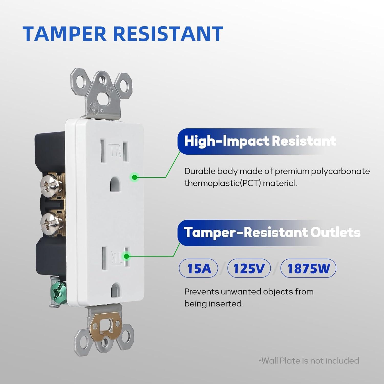 Maxxima Tamper Resistant Duplex Receptacle - Standard Decorative Electrical Wall Outlet 15A White, 3 Prong Outlet, Easy Install, Ideal for Contractors or Residential Use, UL Listed - 10 Pack