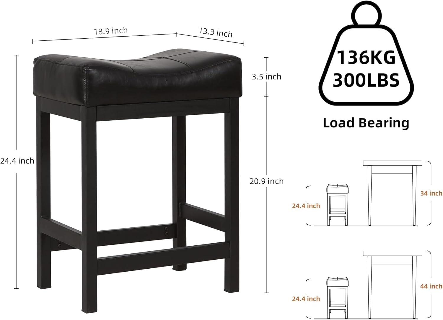 Bar Stools Set of 2,24 Inch Counter Height Stools,Saddle Stools,Metal Frame Bar Stools with Footrest, PU Leather Modern Kitchen Barstools for Kitchen Island,Counter, Pub