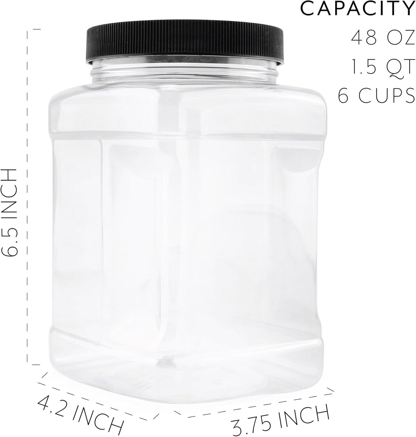Cornucopia Brands 48oz Square Plastic Jars 3pk; Clear Rectangular 6-Cup Canisters w/ Black Lids, Easy-Grip Side