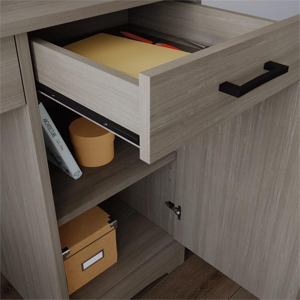 BeginningsHome Office Desk with Drawers Silver Sycamore - Sauder: Retro-Industrial Design, MDF Frame