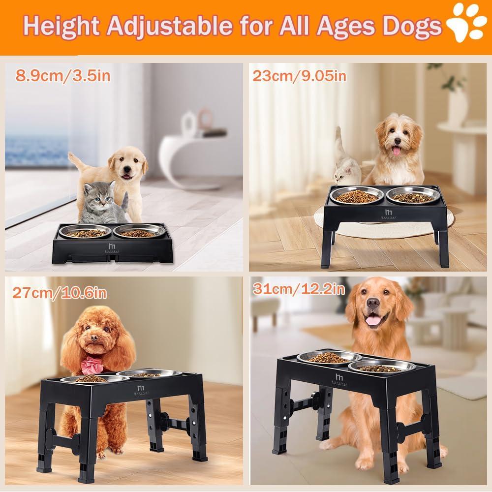 Adjustable Black Elevated Dog Bowls with Stainless Steel