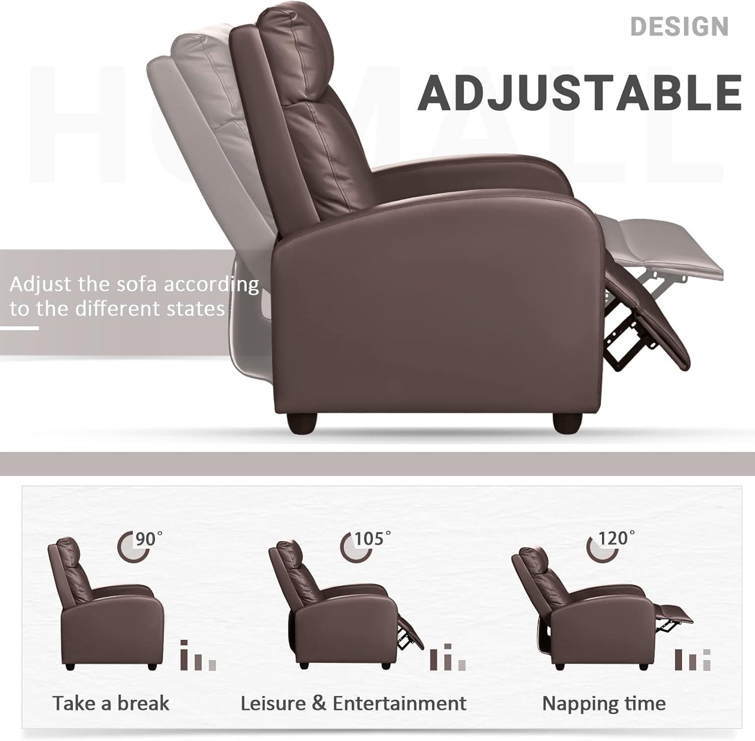 Recliner Chair Modern PU Leather Reclining Chair Ergonomic Adjustable Recliner for Living Room Home Theater Seating Single Sofa (Brown)