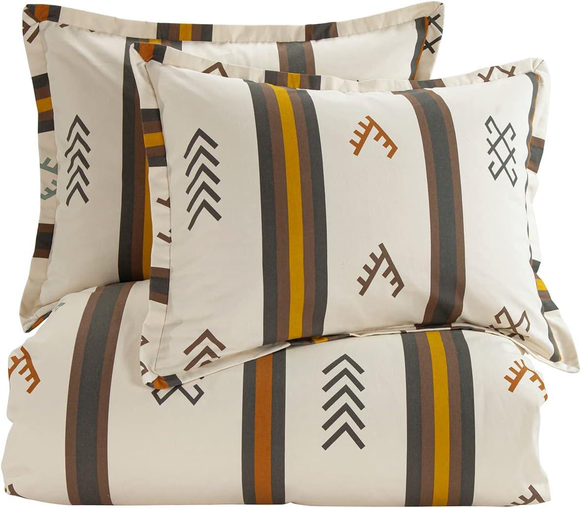HiEnd Accents Toluca Canvas Western Bedding 3 Piece Full Comforter Set, Cattle Brand Symbols Print, Striped Cotton Rustic Cabin Lodge Bed Set, 1 Comforter, 2 Pillow Shams