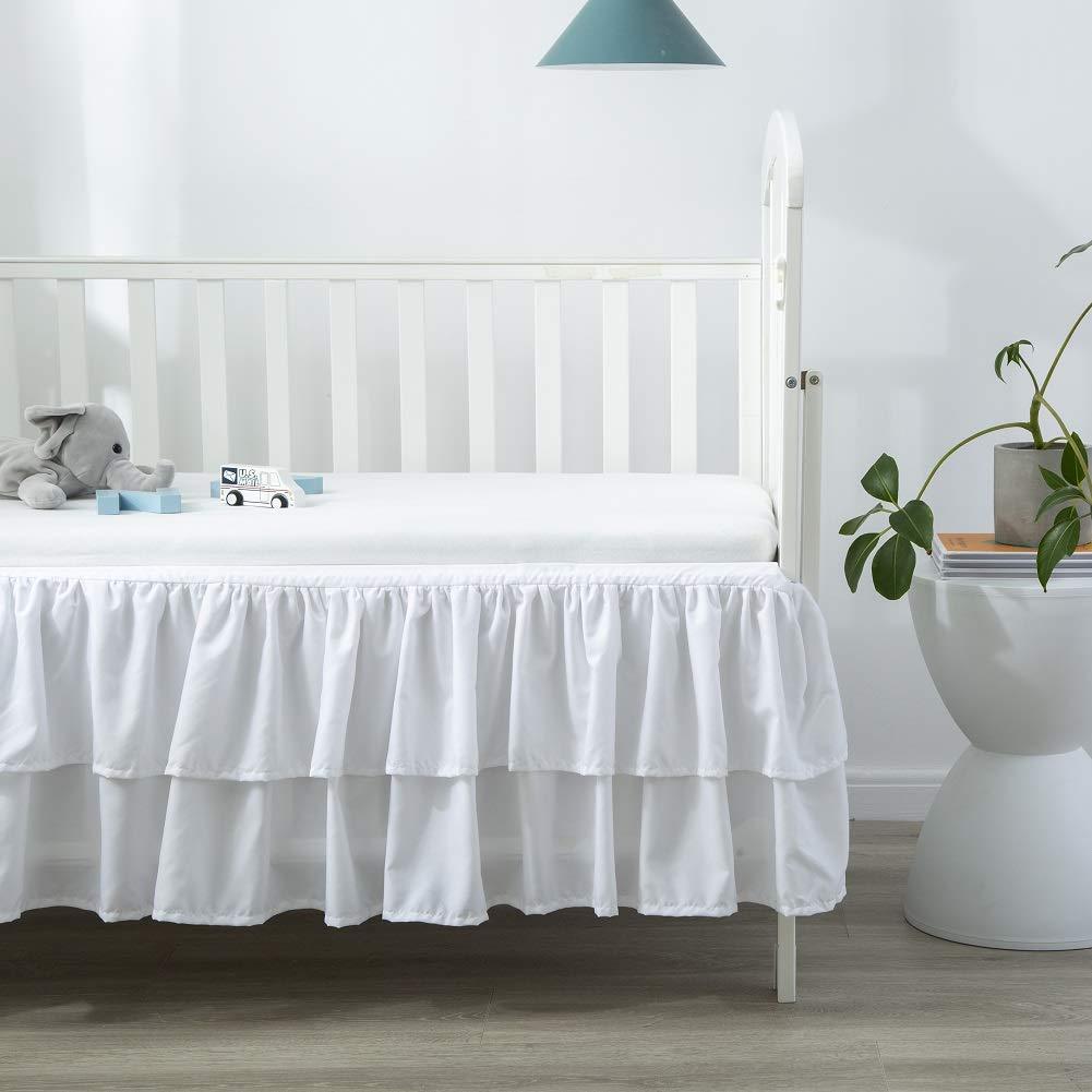 shuoli White Ruffled Crib Bed Skirt Double Layer Nursery Toddler Dust Ruffle Bedding Skirt 14" Deep Drop