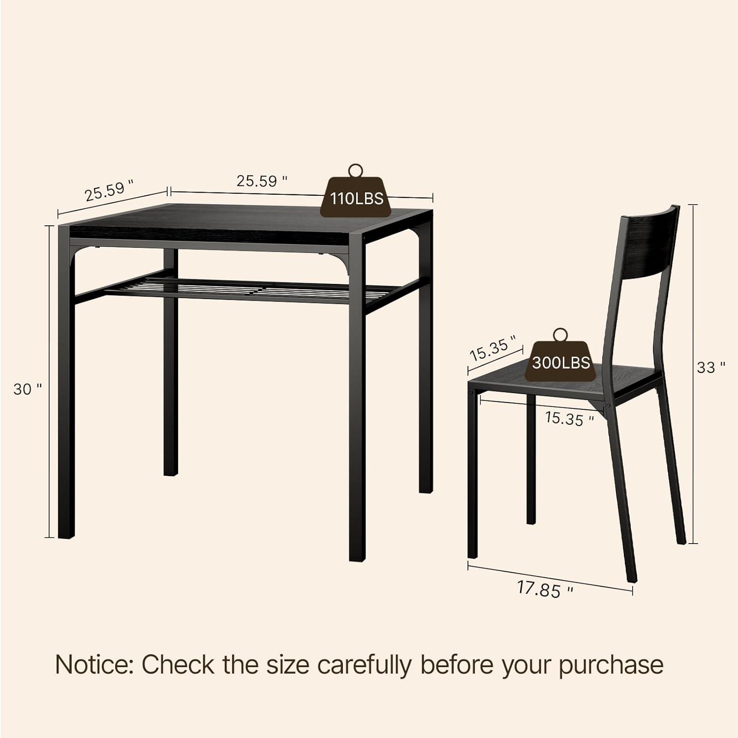 Gizoon 3 Piece Kitchen Table, Dining Table with 2 Chairs Set for Small Space Black