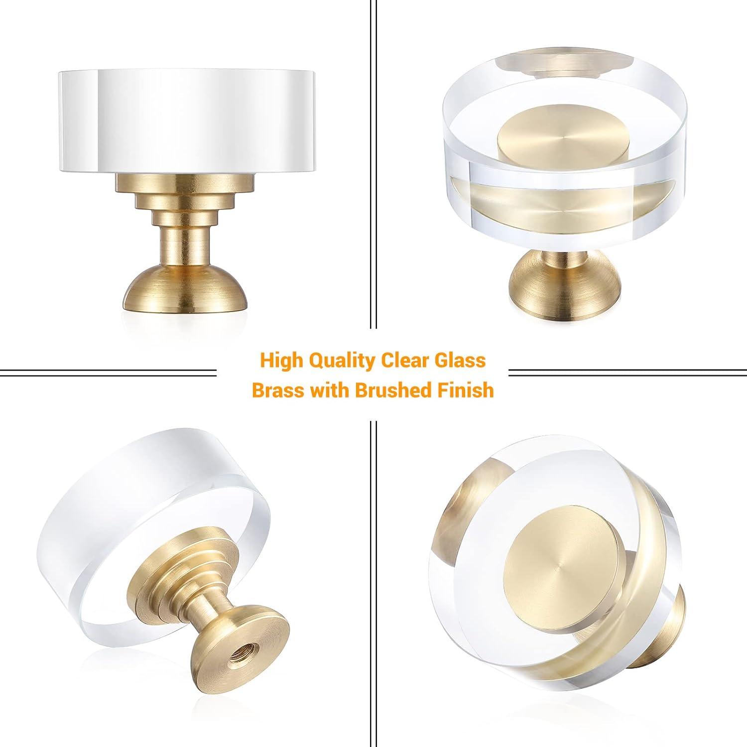 12-Pack 1-1/4-Inch White Cabinet Glass Crystal Brass knobs Brass Drawer Round Knobs Dresser Pulls, Gold Hardware Kitchen Closet knobs for Bifold Doors