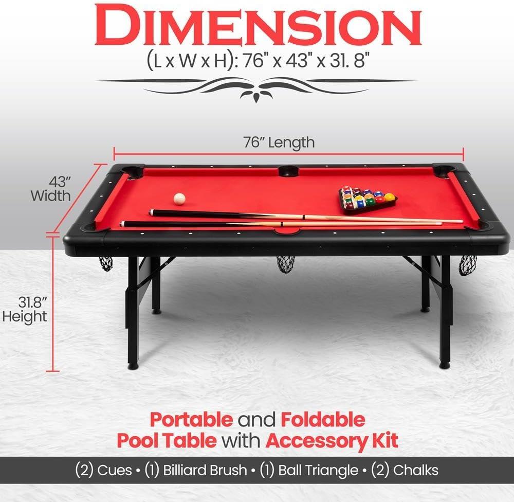 SereneLife 6 Ft Red Portable Pool Table with Accessories