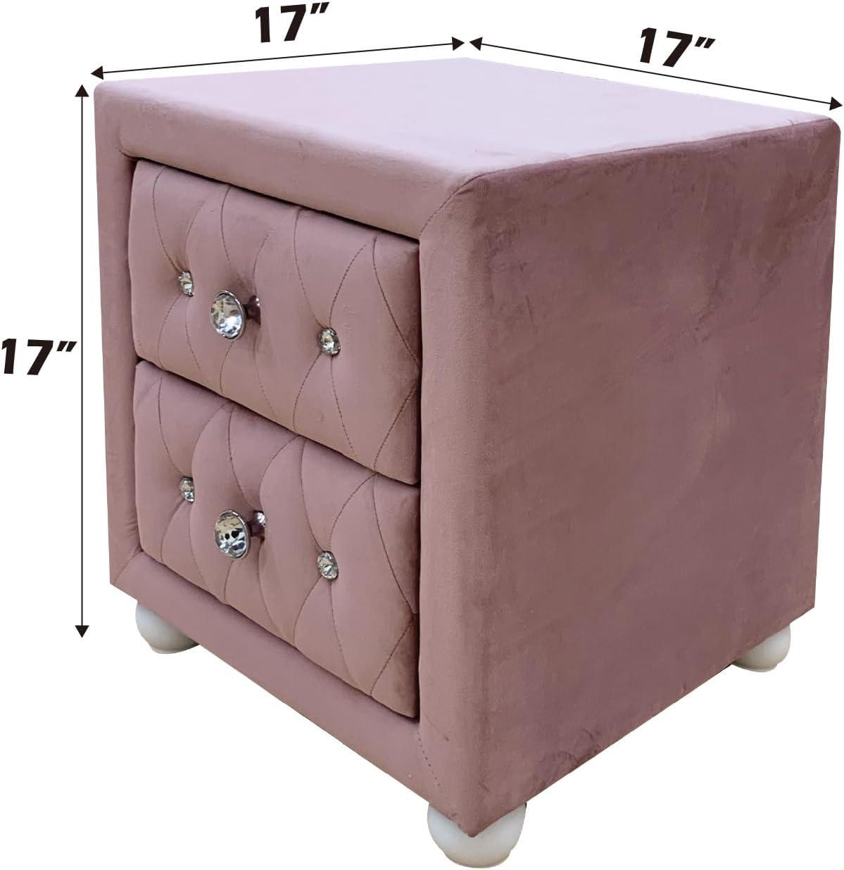 17" Reggie Nightstand Pink Fabric - Acme Furniture: Crystal-like Detail, Wood Bun Legs, Safety Stop Drawer