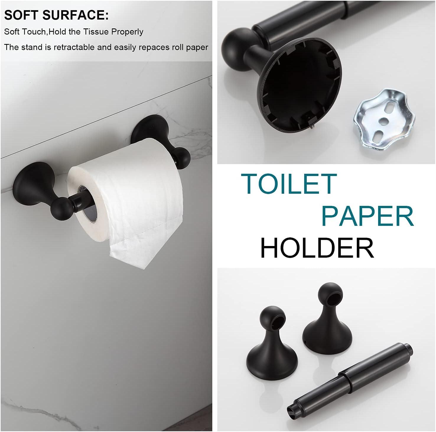 BGL Bathroom Hardware Set Matte Black Adjustable Expandable Towel Bar 4-Piece Bathroom Accessory Set Wall Mounted Robe Hook Toilet Paper Holder Towel Ring Towel Bar