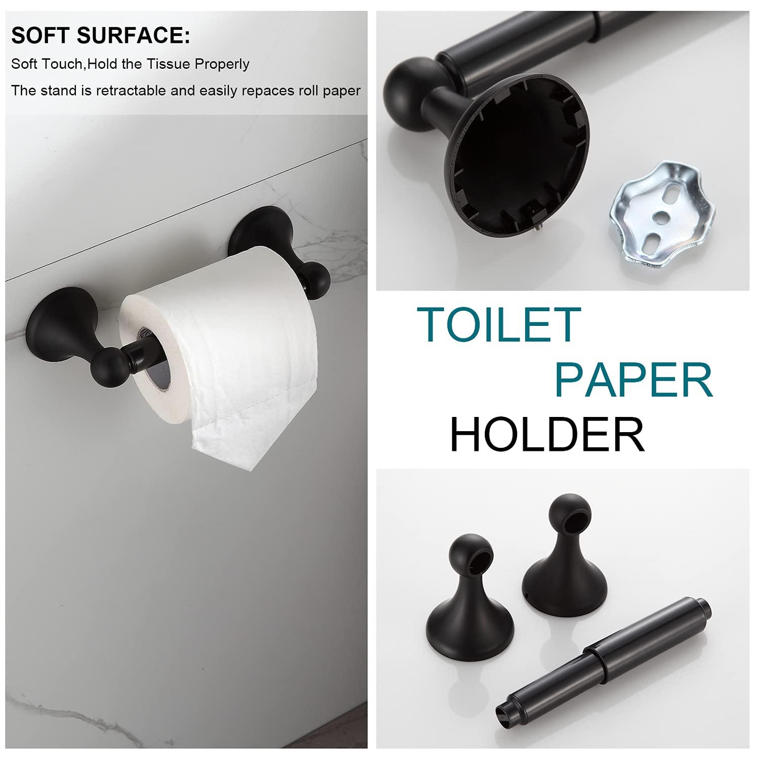 BGL Bathroom Hardware Set Matte Black Adjustable Expandable Towel Bar 4-Piece Bathroom Accessory Set Wall Mounted Robe Hook Toilet Paper Holder Towel Ring Towel Bar