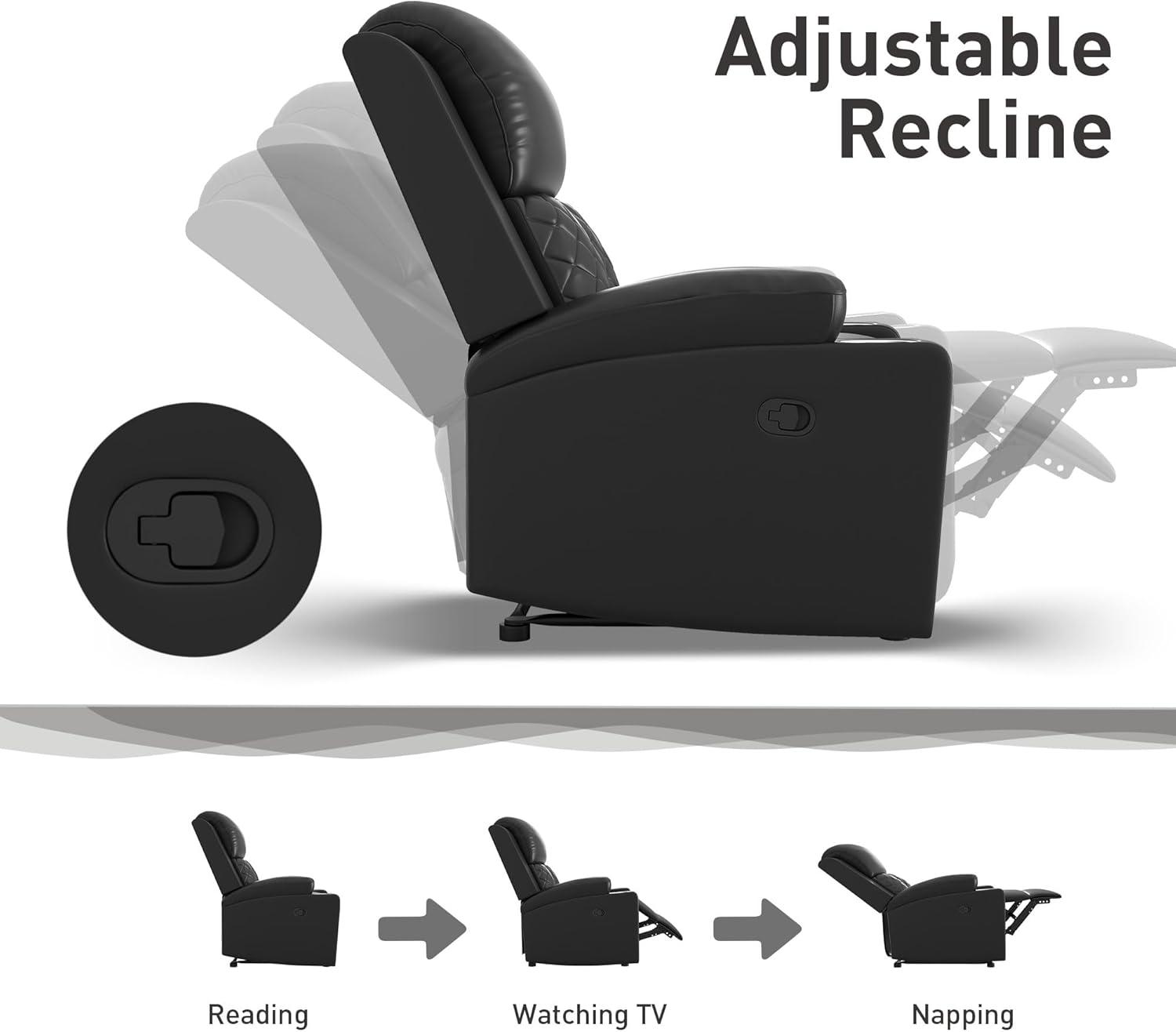 Black Faux Leather Overstuffed Recliner with Cup Holders