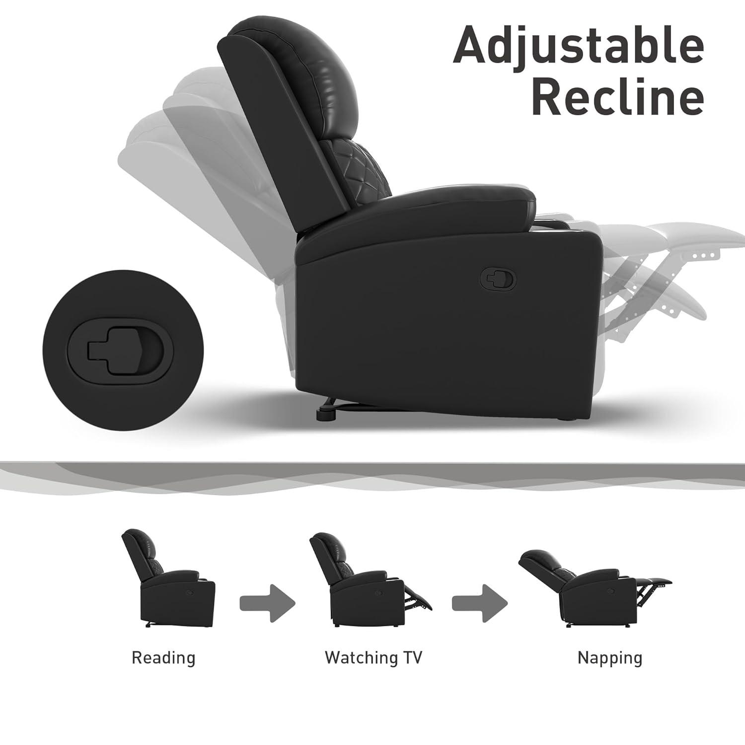 Bonzy Home Manual Recliner Chair for Adults, Comfortable Faux Leather Home Theater Seating with Overstuffed Backrest and Armrests, 2 Cup Holders, Black