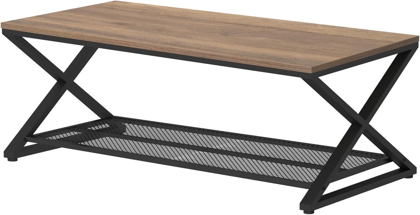 Rustic Oak and Black Metal 47" Coffee Table with Storage Shelf