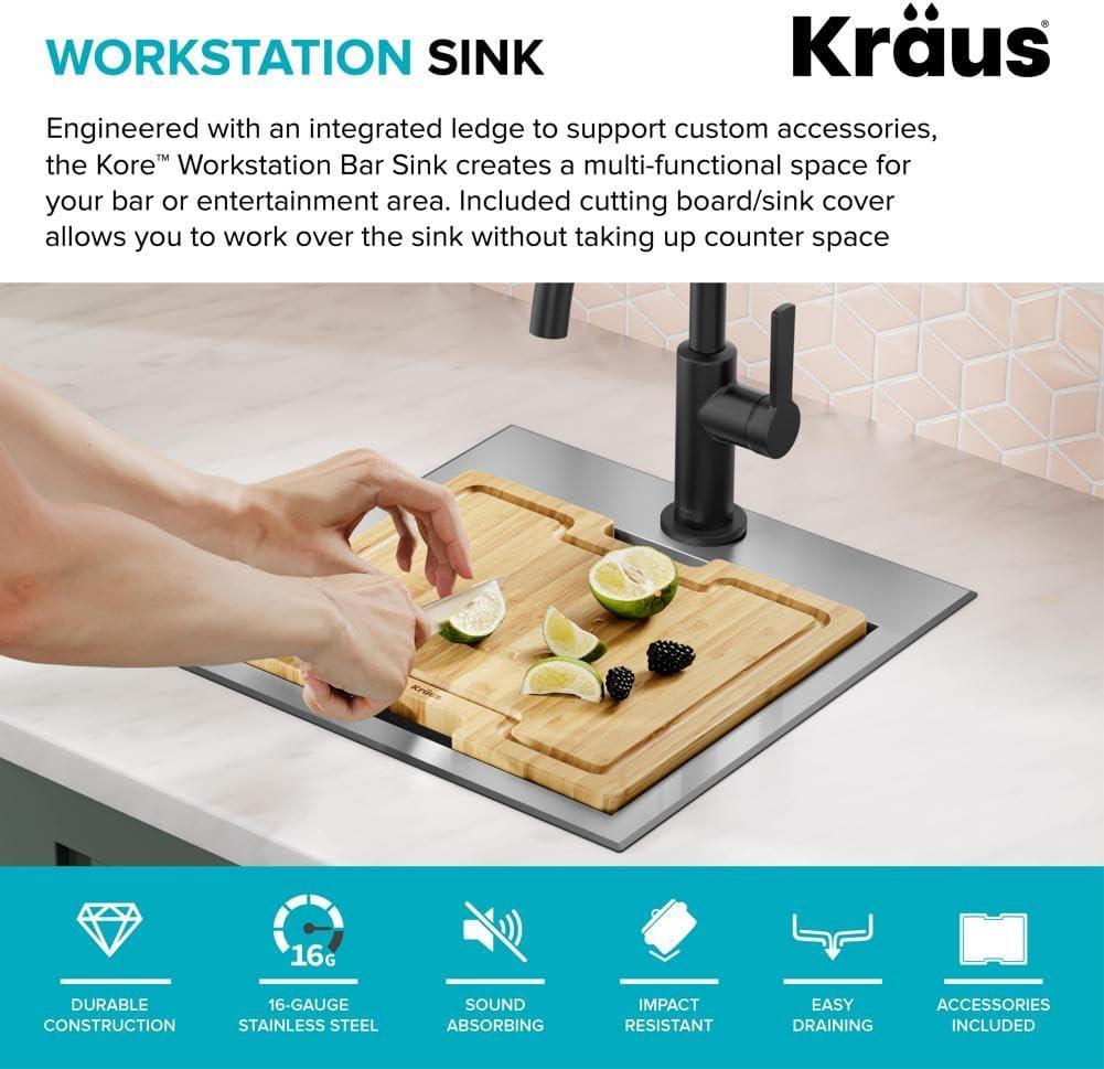 KRAUS Kore™ 15" L Drop-In Top Mount Workstation 16 Gauge Stainless Steel Square Single Bowl Kitchen Bar Sink