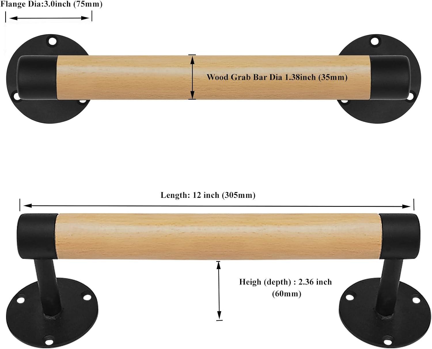 1ft Wood Handrail for Indoor Stairs, Wood Staircase Handrail W/s Black Sturdy Metal Brackets, Stair Banister Railing Wooden Safety Grab Bar for Elderly & Kids
