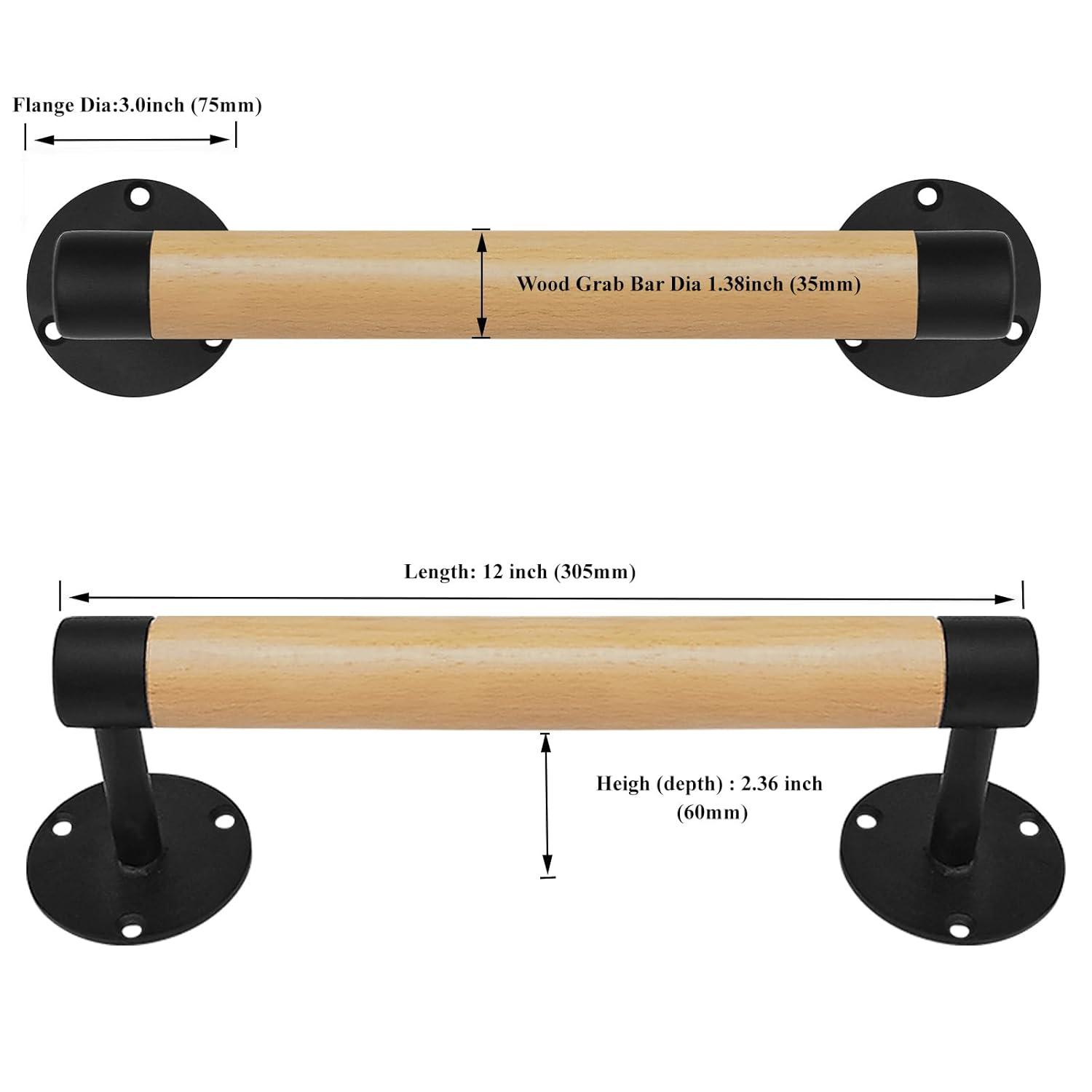 1ft Wood Handrail for Indoor Stairs, Wood Staircase Handrail W/s Black Sturdy Metal Brackets, Stair Banister Railing Wooden Safety Grab Bar for Elderly & Kids