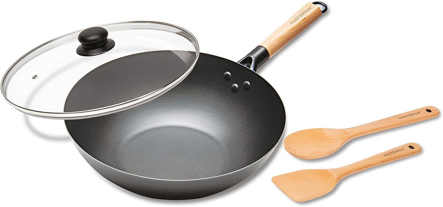 MasterPan Inc. Masterpan Carbon Steel Wok With Glass Lid Wooden Utensils Non-Stick Flat Bottom Asian Stir-Fry