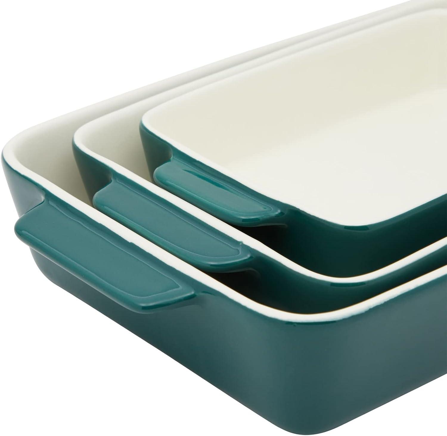 Juvale 3 Piece Green Casserole Dishes for Oven Use, Baking, Rectangular Ceramic Bakeware Set in Assorted Sizes