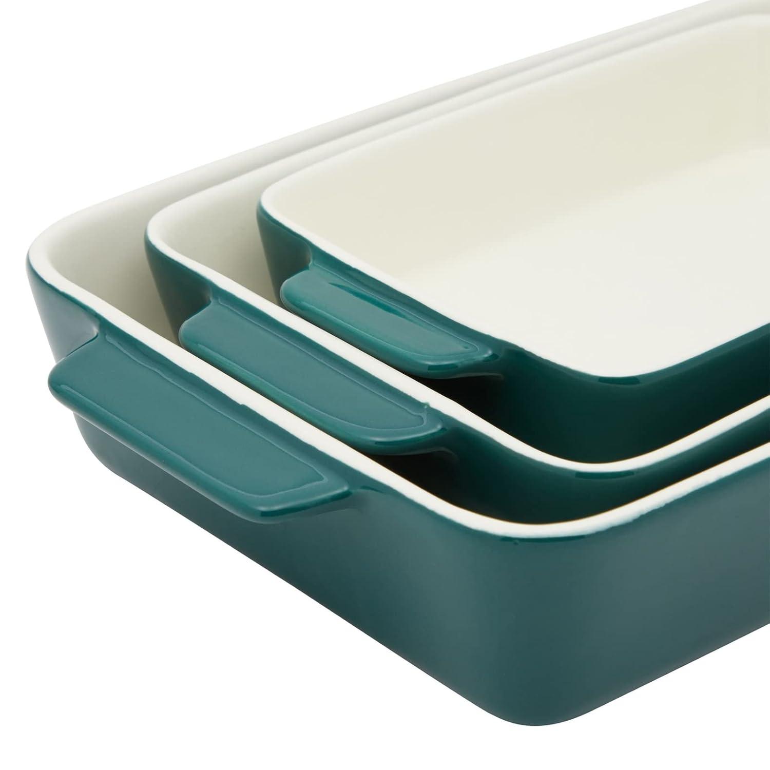 FETLOD 3 Piece Green Casserole Dishes For Oven Use, Baking, Rectangular Ceramic Bakeware Set In Assorted Sizes