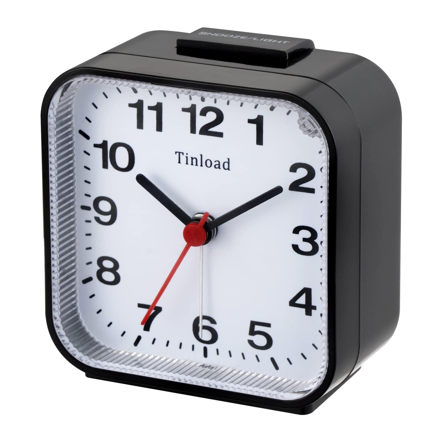 Small Battery Operated Analog Alarm Clock Silent Non Ticking, Ascending Beep Sounds, Snooze,Light Functions, Easy Set(Black)