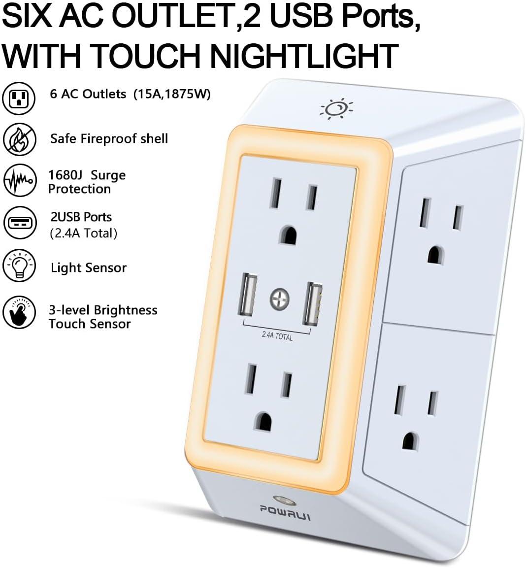 Outlet Extender Power Strip, POWRUI 6 AC Surge Protector Outlets with 3 USB Ports (1 USB C) and Night Light, 3-Sided Multi Plug Wall Outlet with Spaced Outlets - Black, ETL Listed