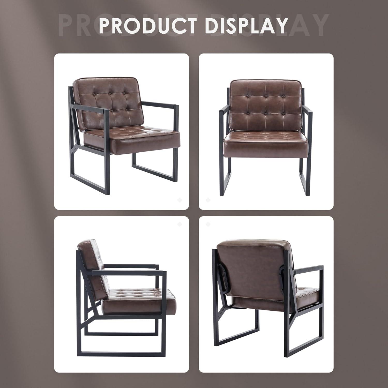 COLAMY Mid Century Modern Accent Chair, Comfy Living Room Chairs, Brown Leather Accent Chair, Faux Leather Reception Armchair with Metal Legs for Living Room Bedroom Reception Waiting Room, Brown