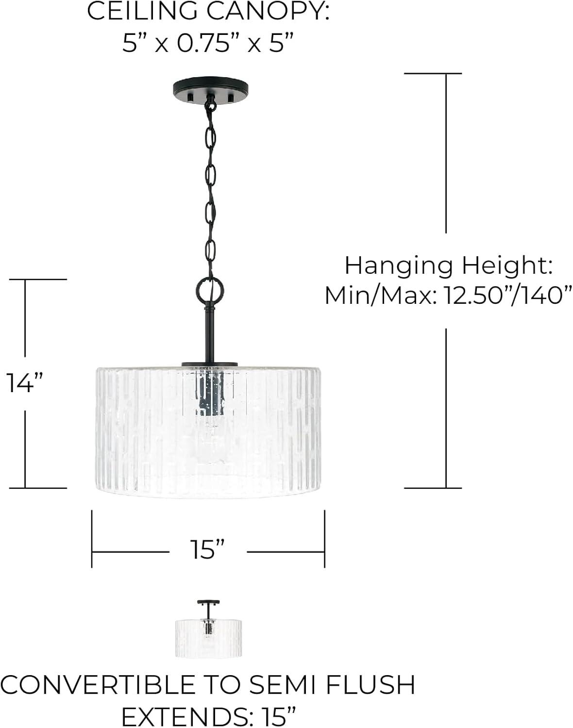 Matte Black and Seeded Glass Drum Pendant Light