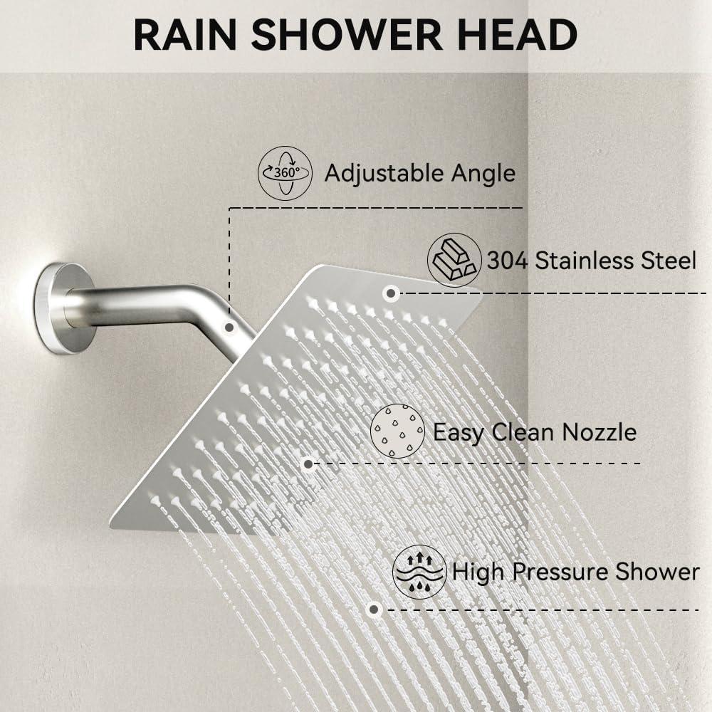 Revitalize 3-Function 12 Inch Wall Mount Rainfall Thermostatic Shower System with 6 Body Jets