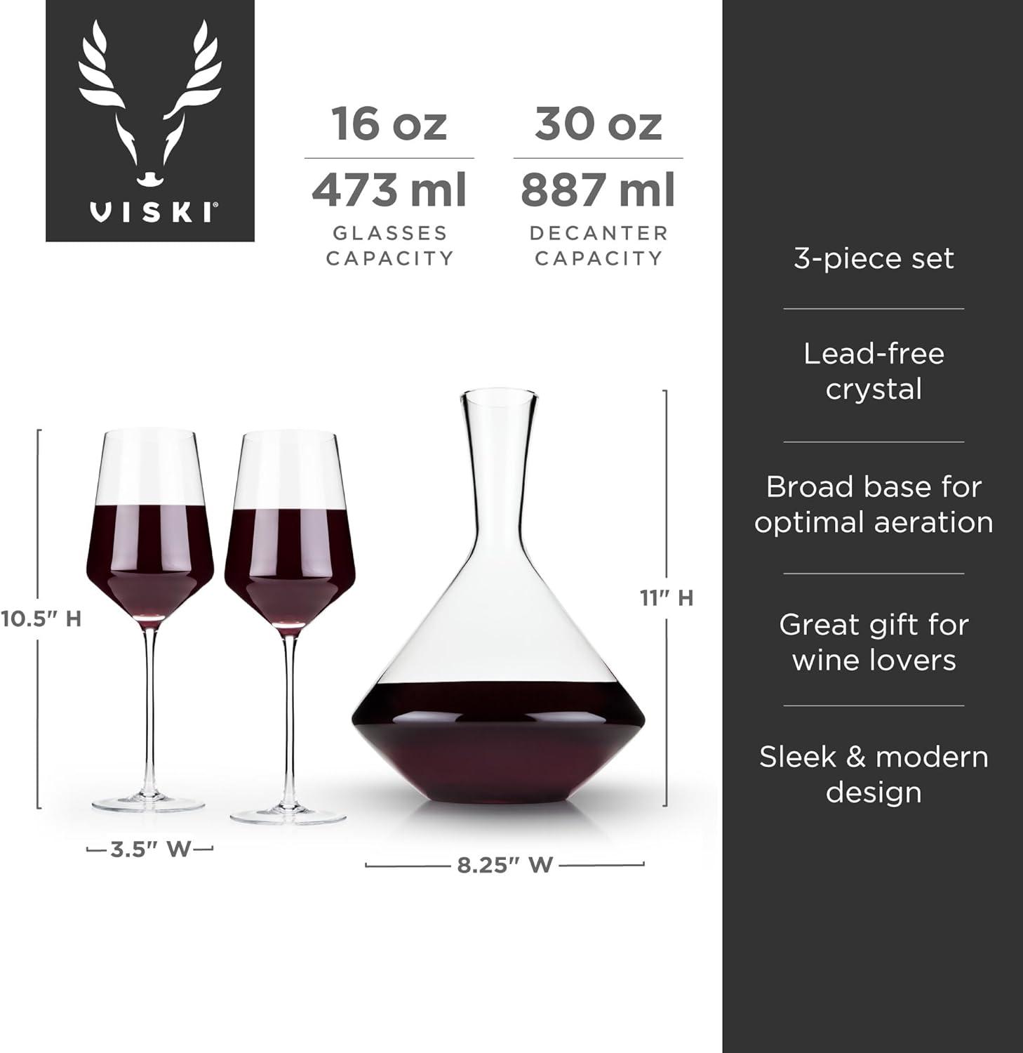 Viski Raye Bordeaux Wine Glasses & Decanter Set - Premium Crystal Clear Glass, Modern, Stemmed, Flat Bottom, Red Wine Gift - Set of 3